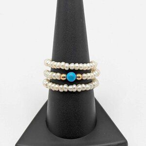 Expandable Fresh Water Pearl, Turquoise and Gold Bead Ring